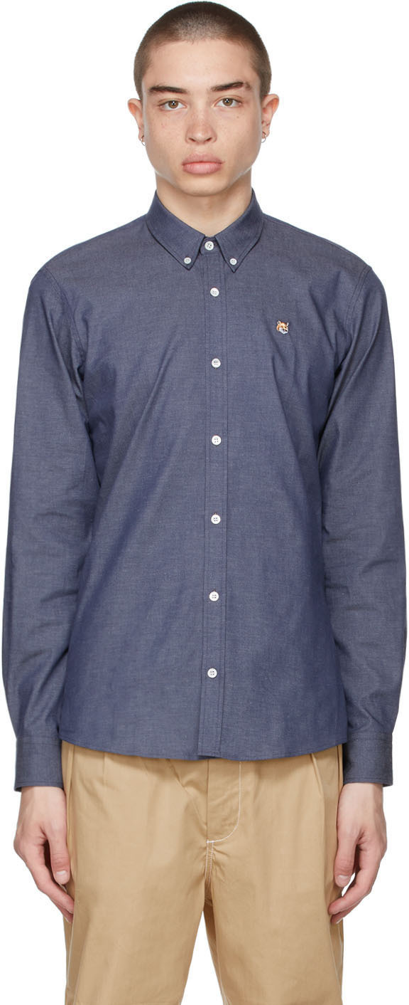 Maison Kitsuné Navy Fox Head Embroidery Classic Shirt Maison Kitsune