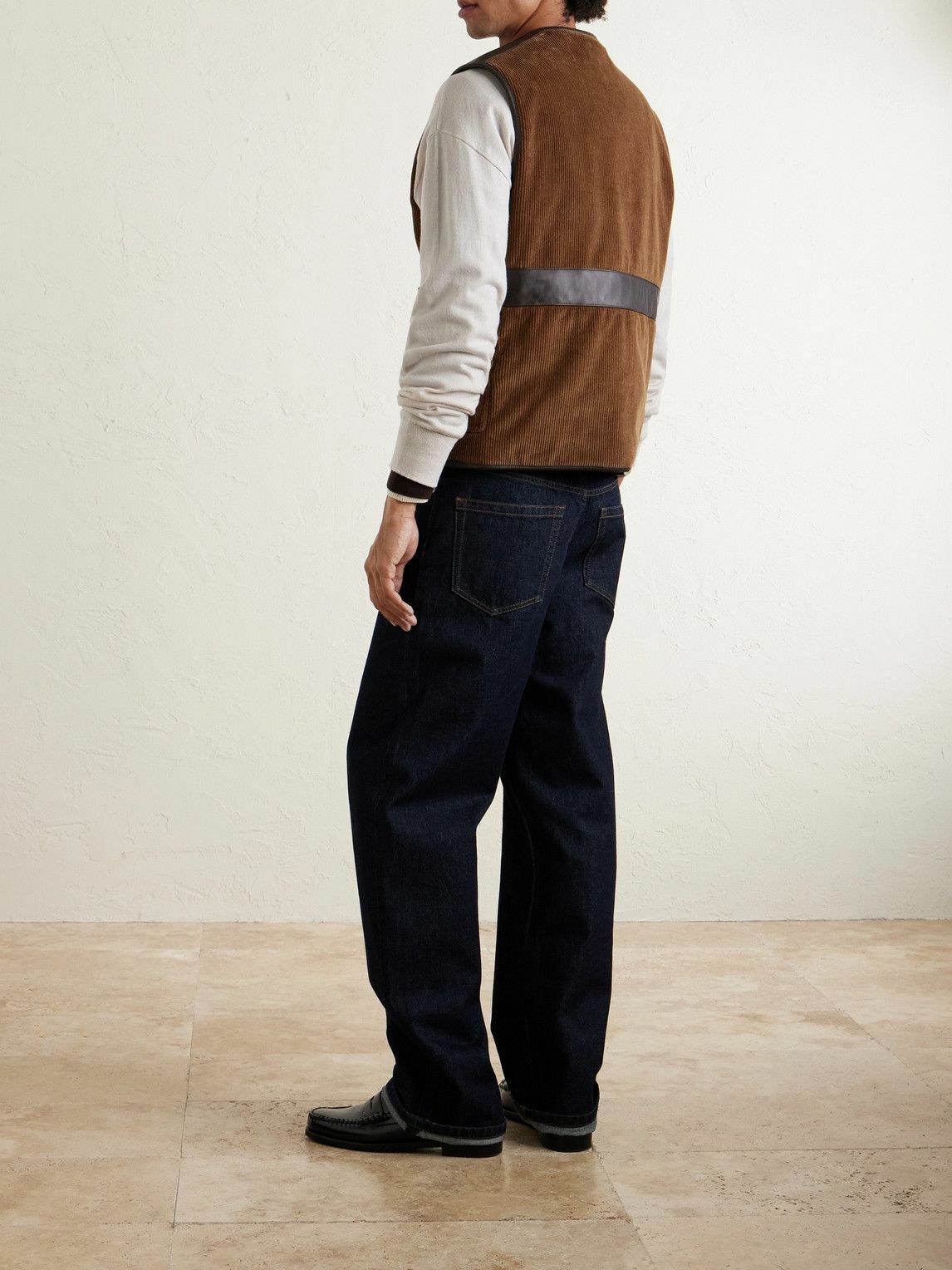 Drake's - Padded Leather-Trimmed Cotton-Corduroy Gilet - Brown