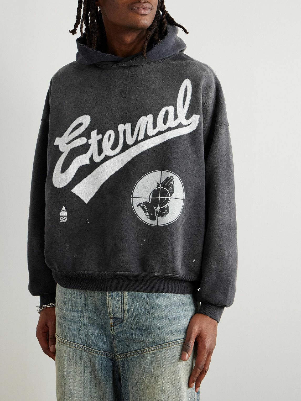 SAINT MXXXXXX - Fear of God Distressed Logo-Print Cotton-Jersey Hoodie