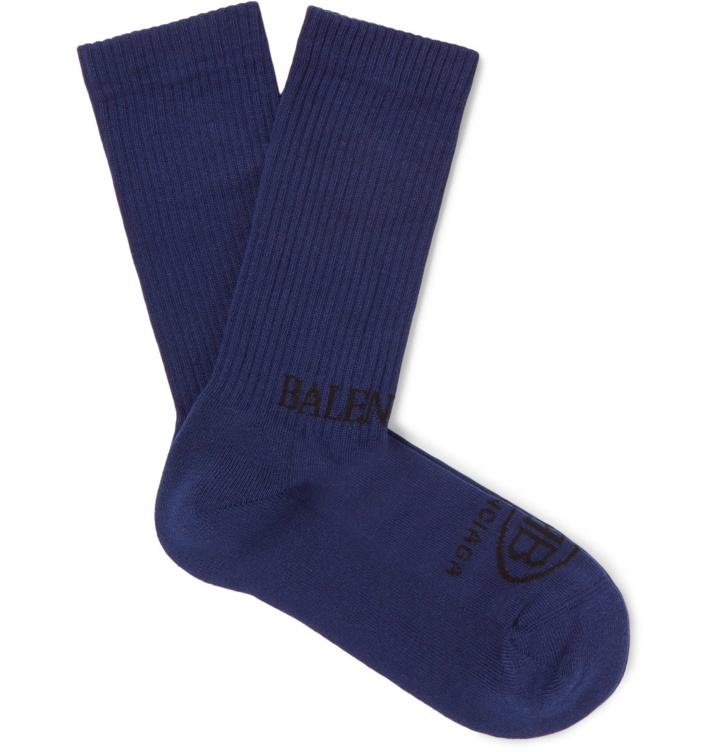 Photo: Balenciaga - Logo-Intarsia Ribbed Stretch Cotton-Blend Socks - Blue