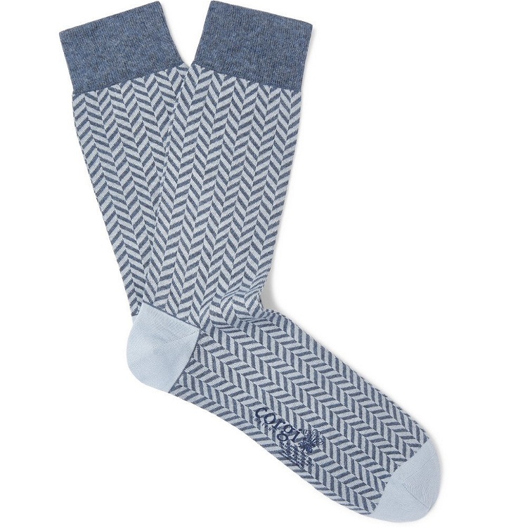 Photo: Kingsman - Herringbone Cotton-Blend Socks - Blue