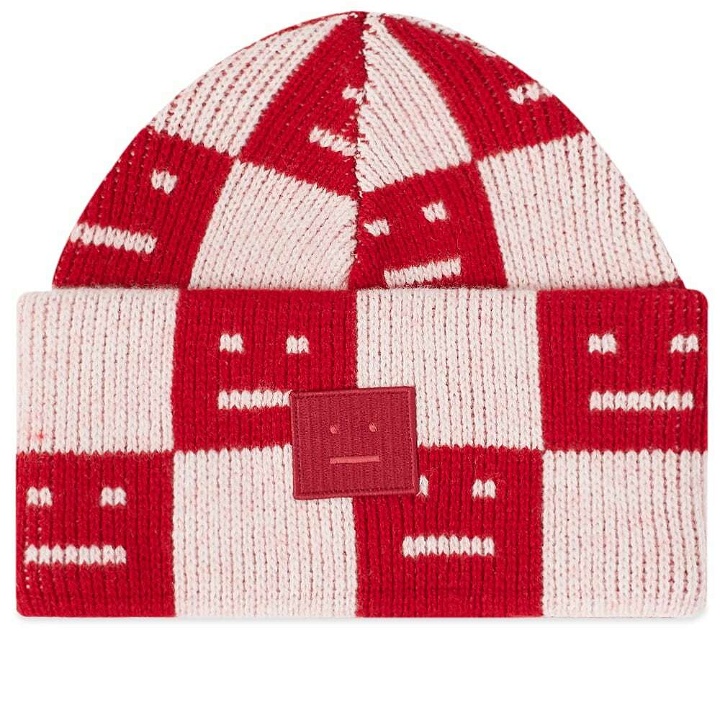 Photo: Acne Studios Men's Kuri Checkerboard Face Beanie in Deep Red/Faded Pink