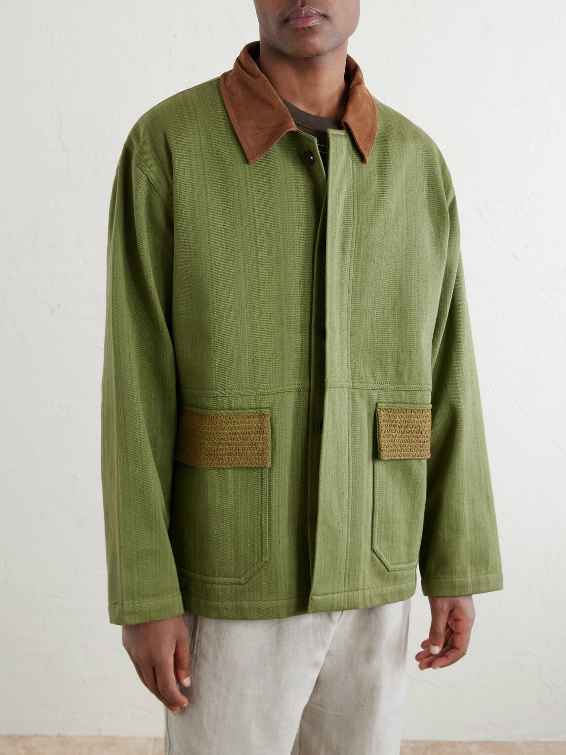 Kartik Research - Jodhpur Embroidered Suede-Trimmed Cotton Jacket - Green