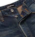 BALENCIAGA - Distressed Panelled Denim and Wool-Twill Jeans - Blue