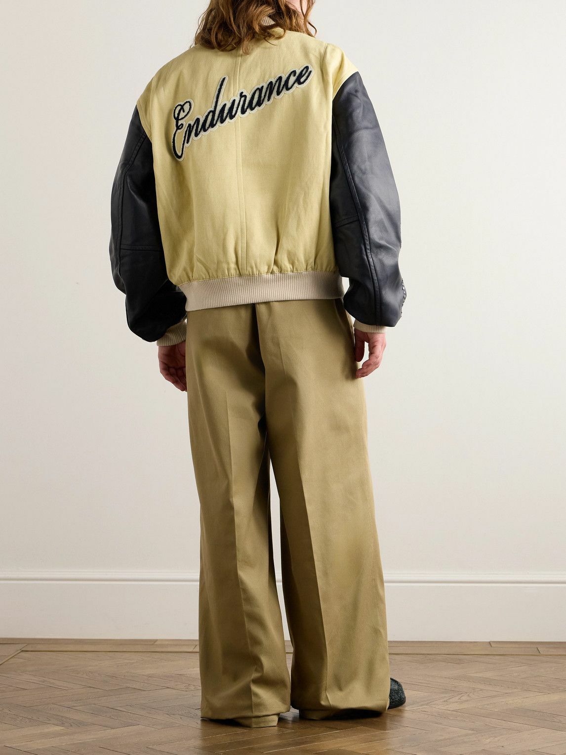 Wales Bonner - Sky Leather-Trimmed Cotton and Linen-Blend Varsity