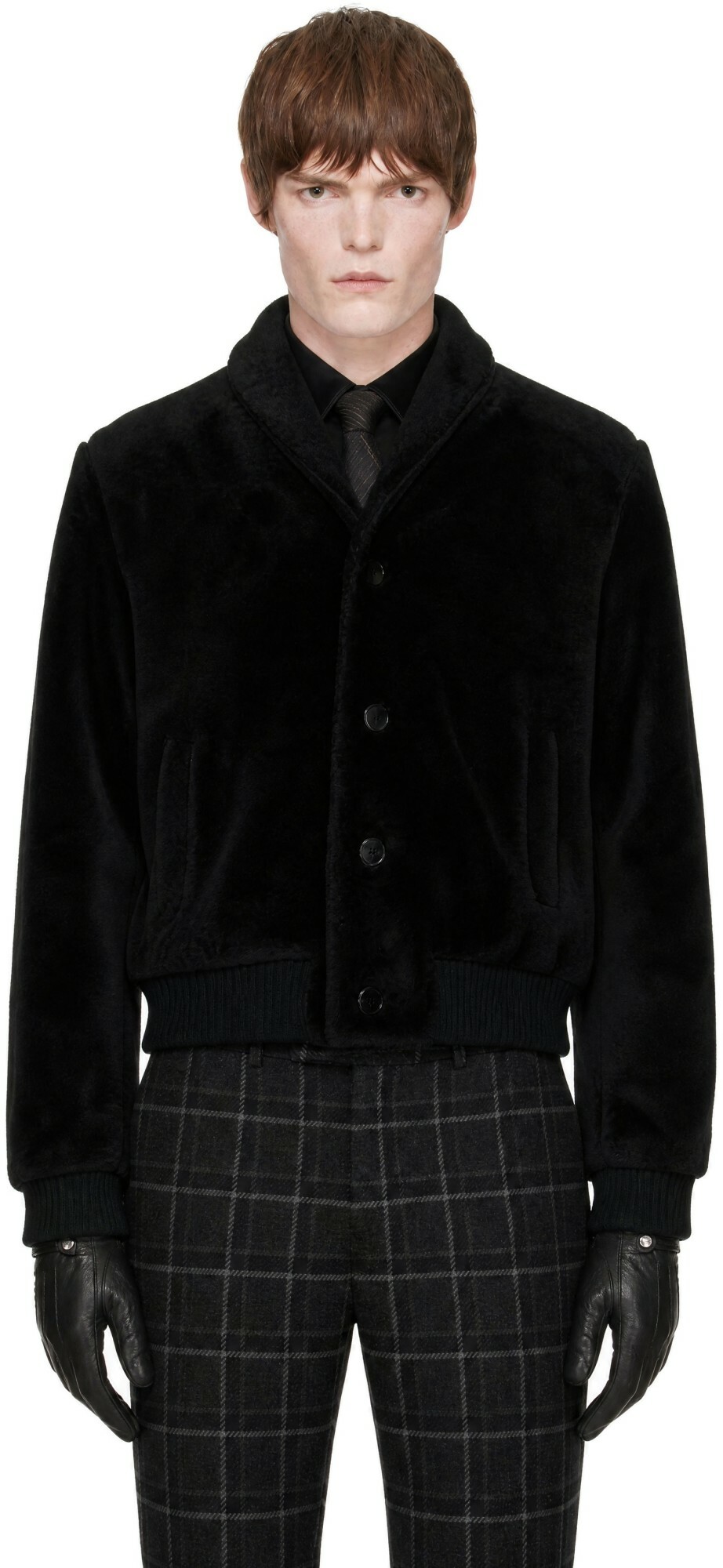 Ernest W. Baker Black Shawl Collar Shearling Bomber Jacket