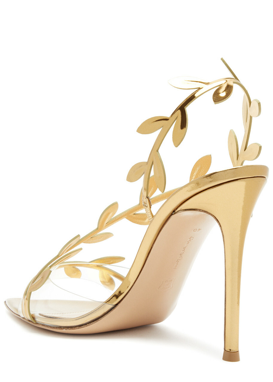 Gianvito Rossi>>フラビア 105 装飾ミラーレザーサンダル Flavia 105 embellished mirrored leather sandals in silver