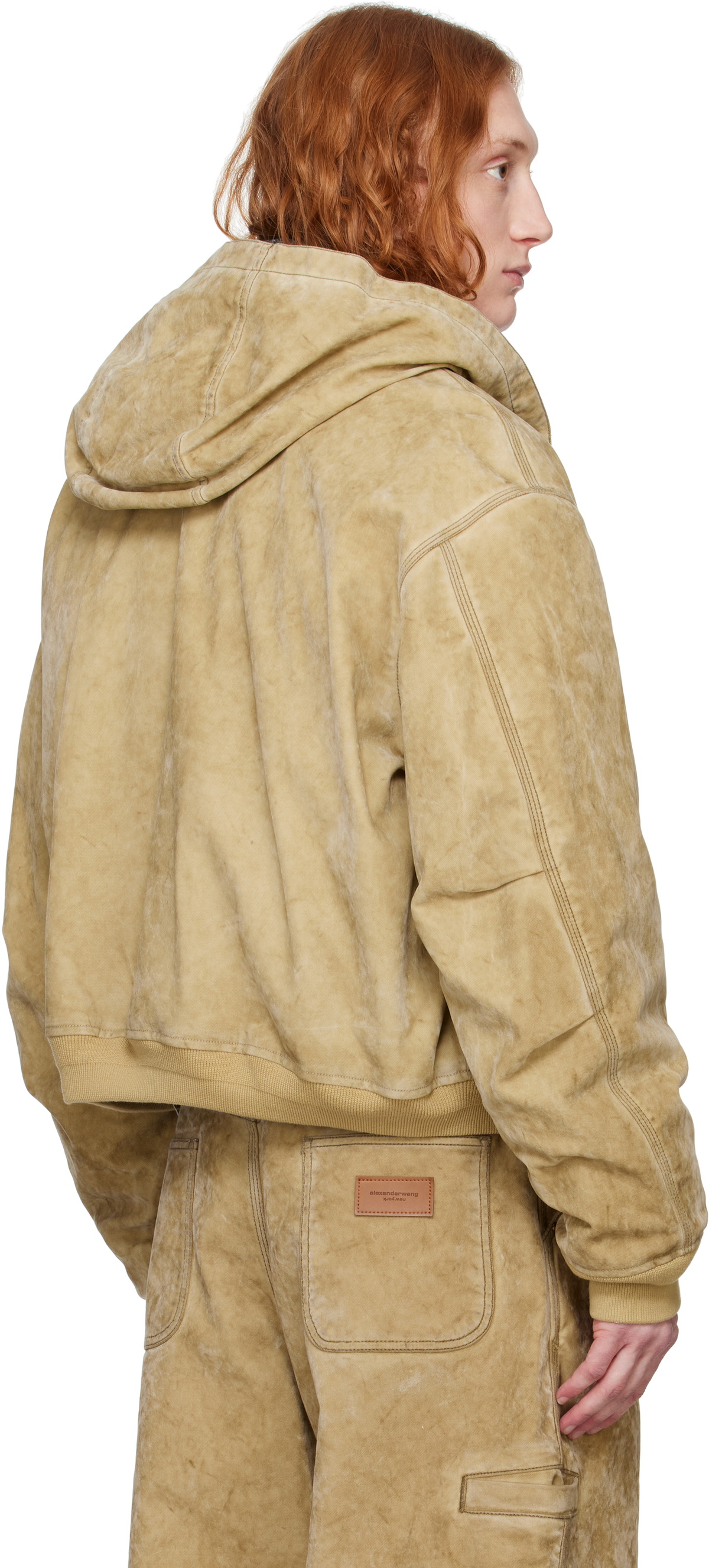 Alexander Wang Tan Rounded Zip Front Hooded Faux-Suede Jacket