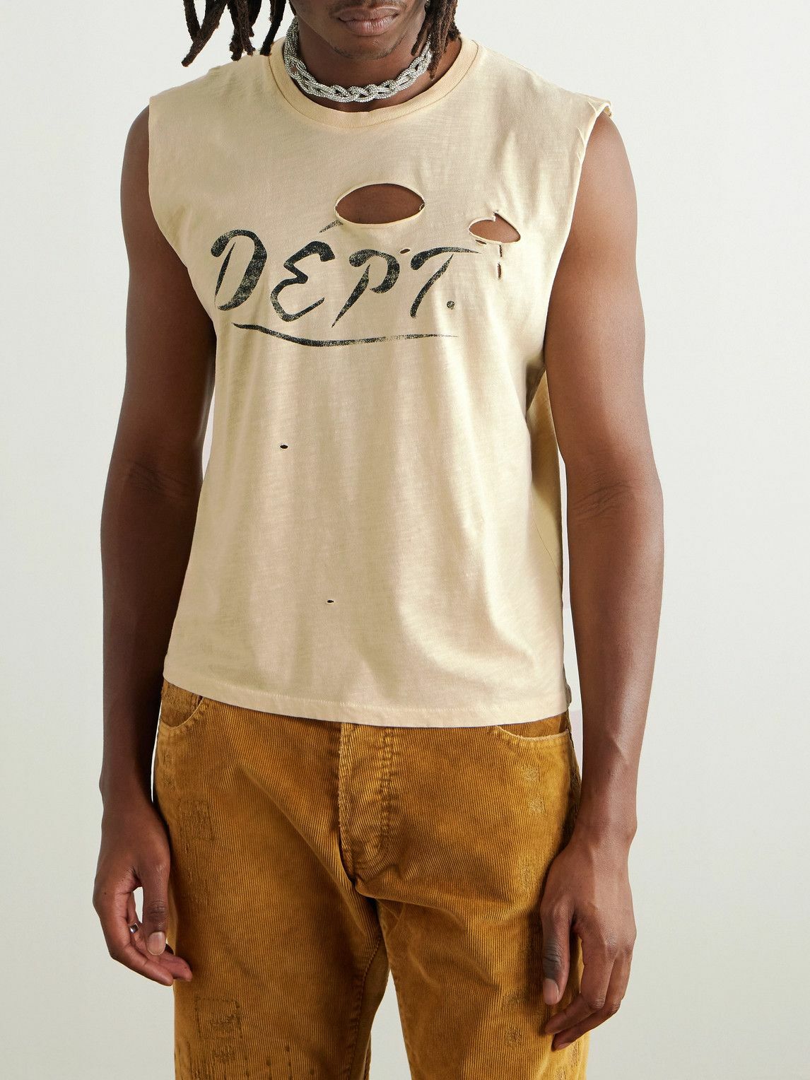 Gallery Dept. - Cropped Distressed Logo-Print Cotton-Jersey Tank Top - Neutrals