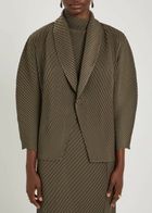 Issey Miyake Pleated Satin-plissé Cardigan Khaki