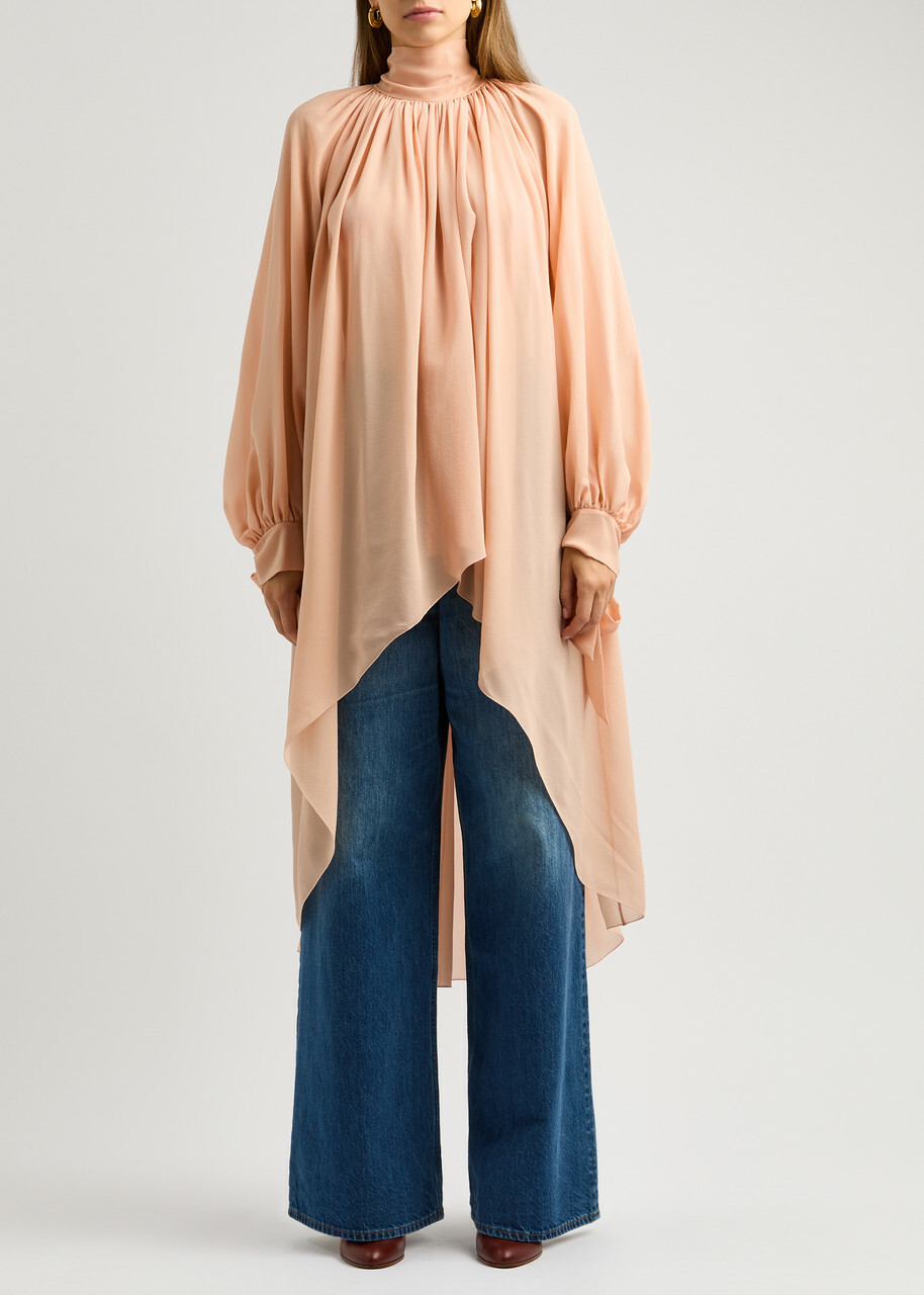 Chloe Women's Silk-Georgette Pink Light Tunic Top Size 36 (UK8 / S), Semi-Sheer & Tie Fastening High-Neck