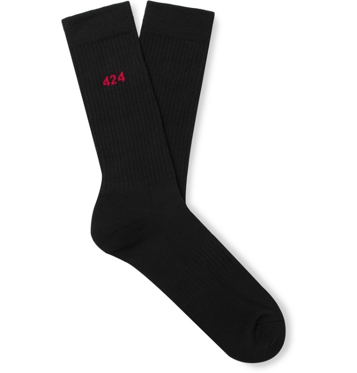 Photo: 424 - Logo-Intarsia Ribbed Stretch Cotton-Blend Socks - Black
