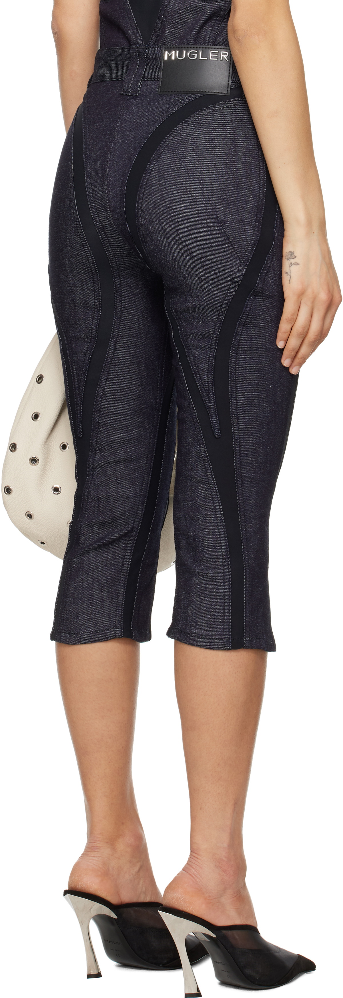 Mugler Navy Mesh Capri Raw Denim Shorts