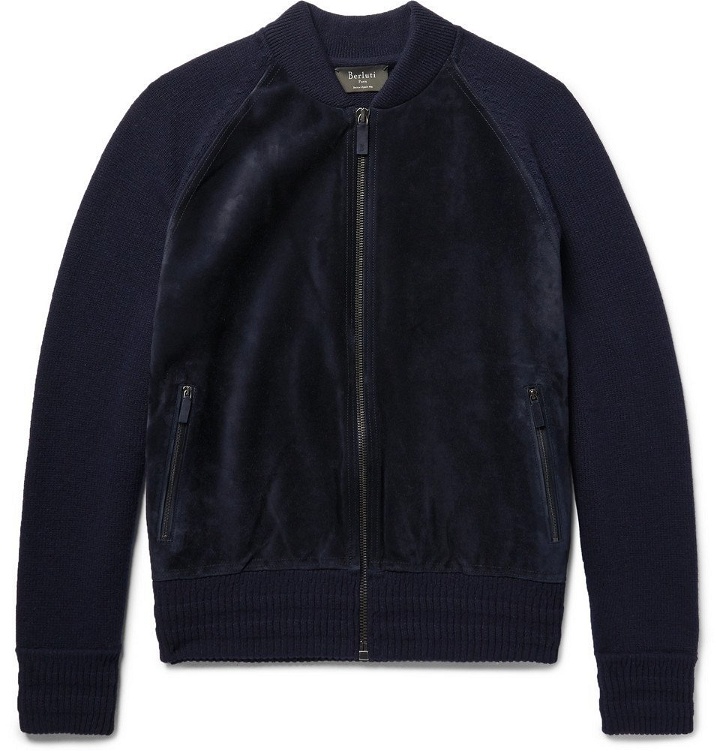 Photo: Berluti - Suede-Panelled Wool and Cashmere-Blend Bomber Jacket - Men - Midnight blue