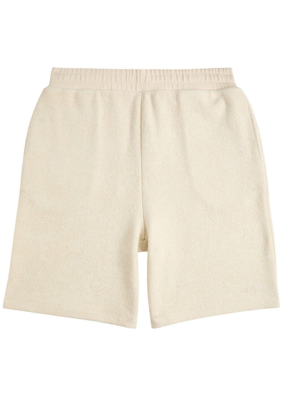 Ami Paris Logo-embroidered Towelling Cotton-blend Shorts Ivory