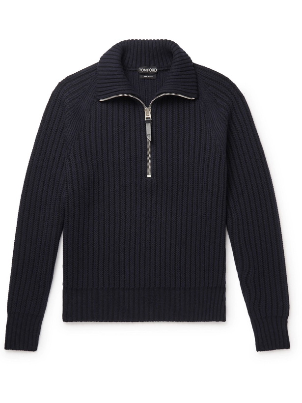 Photo: TOM FORD - Slim-Fit Ribbed Cashmere and Wool-Blend Half-Zip Sweater - Blue