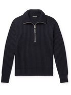 TOM FORD - Slim-Fit Ribbed Cashmere and Wool-Blend Half-Zip Sweater - Blue