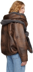 Y/Project Brown & Gray Snap Off Panel Hood Aviator Faux-Leather Jacket