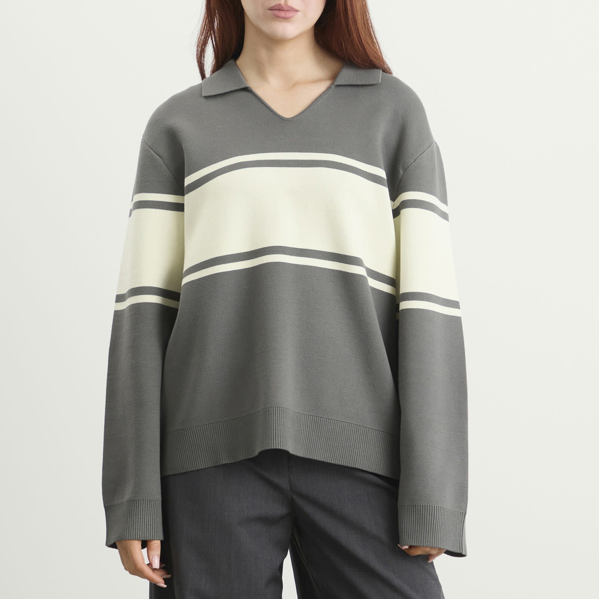 Samsøe Samsøe Women's Saanne Long Sleeve Polo Top in Gunmetal Wide Stripe