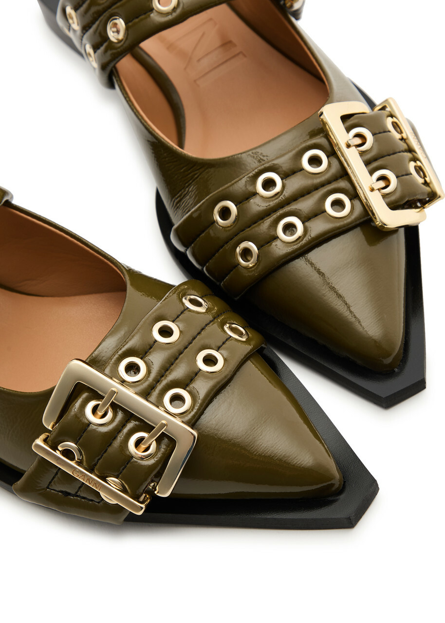 Ganni Buckle Ballerina Patent Faux Leather Slingback Flats GANNI
