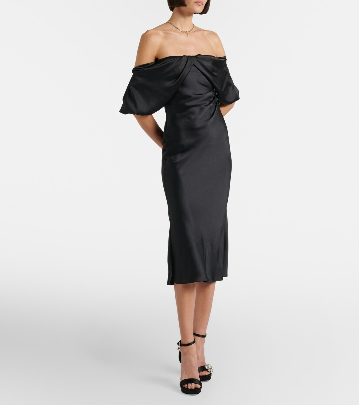 McQueen Draped off-shoulder satin midi dress