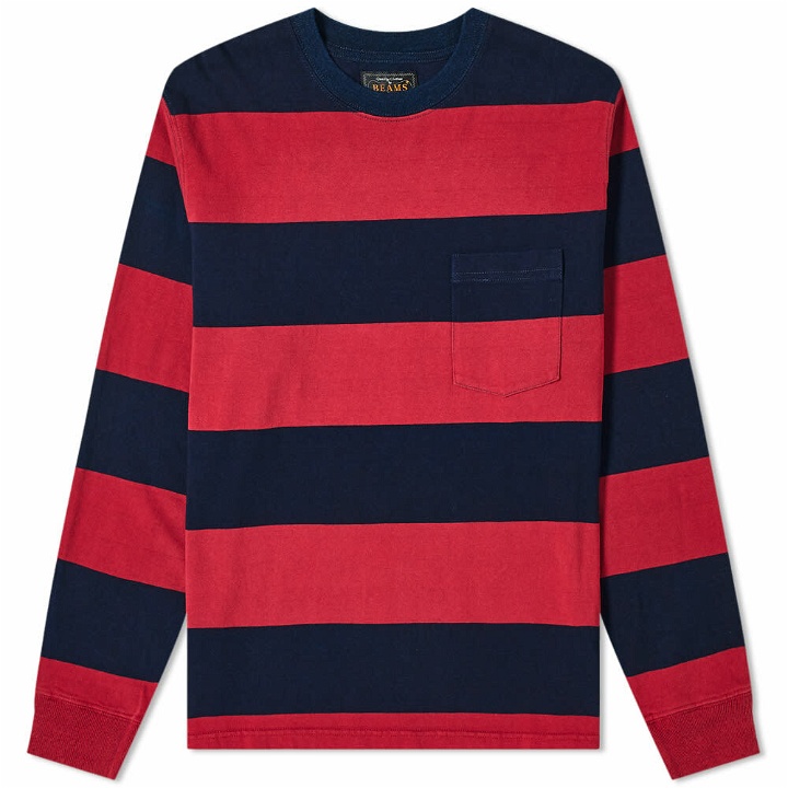 Photo: Beams Plus Men's Long Sleeve Stripe Pocket T-Shirt in Red