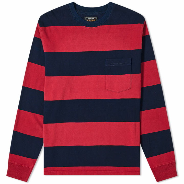 Photo: Beams Plus Men's Long Sleeve Stripe Pocket T-Shirt in Red