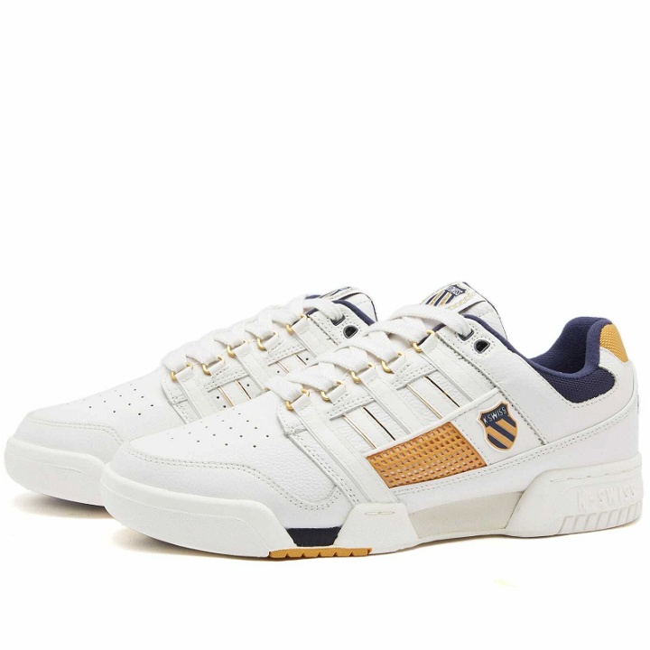 Photo: K-Swiss Men's Gstaad Gold Sneakers in Brilliant White/Navy