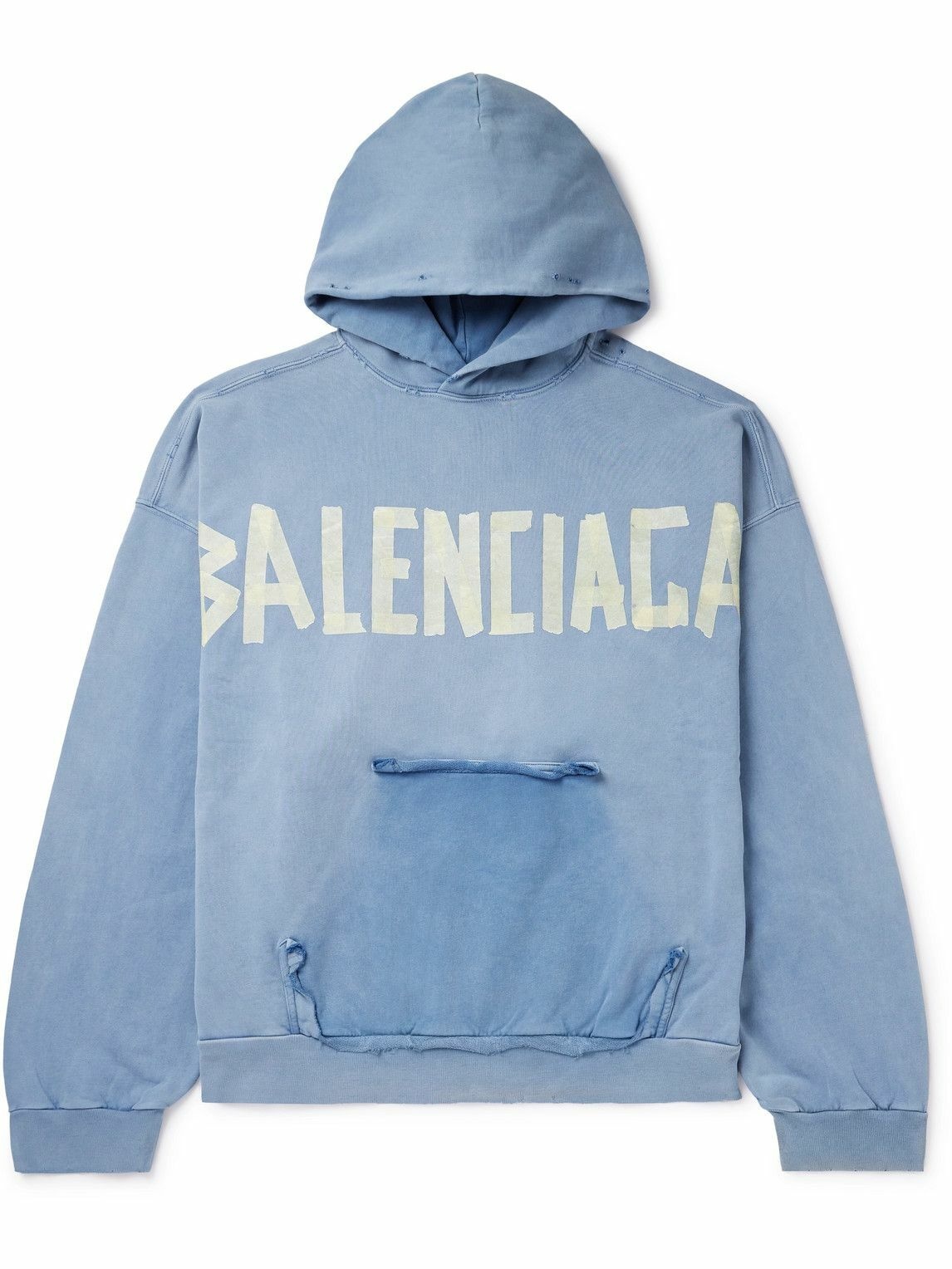 Photo: Balenciaga - Oversized Distressed Logo-Print Cotton-Jersey Hoodie - Blue