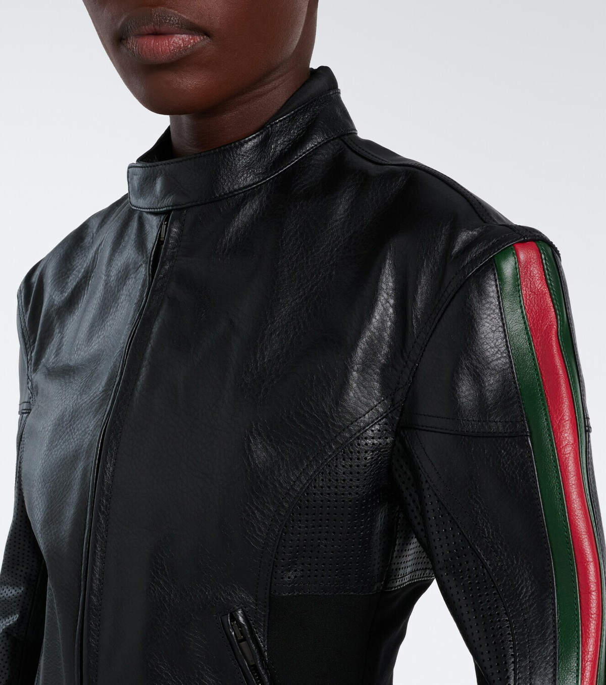 Gucci Web Stripe leather biker jacket
