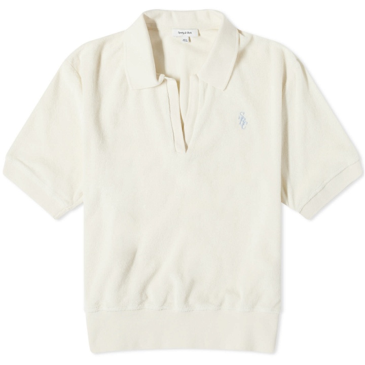 Photo: Sporty & Rich Women's SCR Terry Polo Shirt Top in Milk/Washed Hydrangea