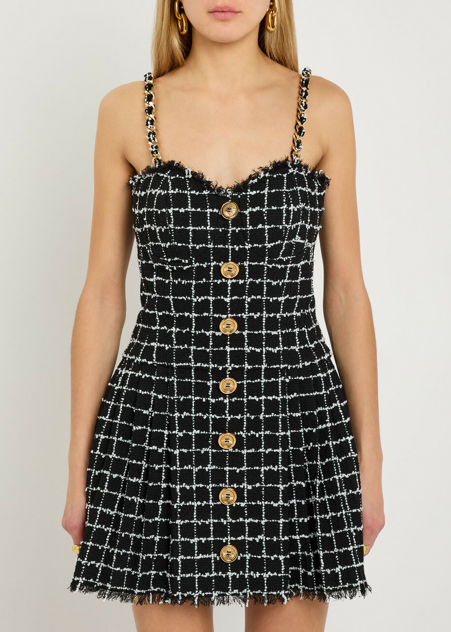 Balmain Checked Tweed Mini Dress Black And White