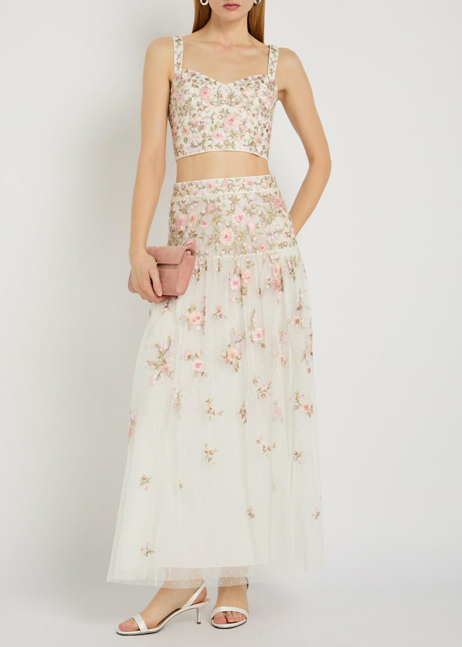 Needle & Thread Eden Rose Floral-embroidered Tulle Midi Skirt White