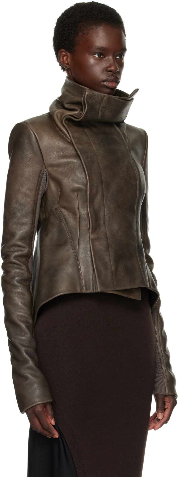 Rick Owens Brown Tower Buttoned Naska Leather Jacket
