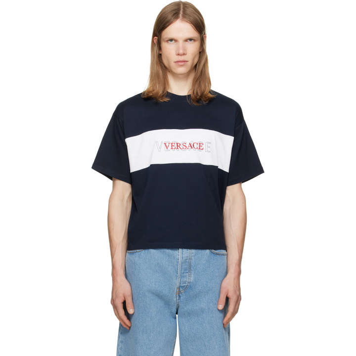 Photo: Versace Navy Intarsia Cotton-Jersey Regular T-shirt