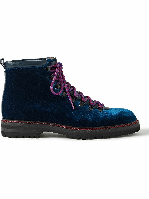 Photo: Manolo Blahnik - Calaurio Leather-Trimmed Velvet Lace-Up Boots - Blue