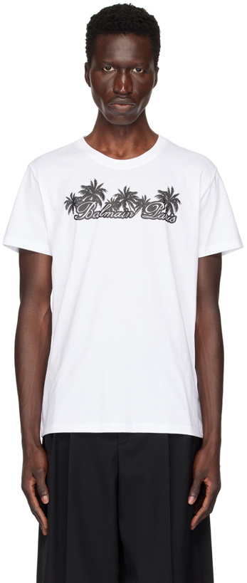 Photo: Balmain White Palm Tree 'Balmain' Signature Print T-Shirt