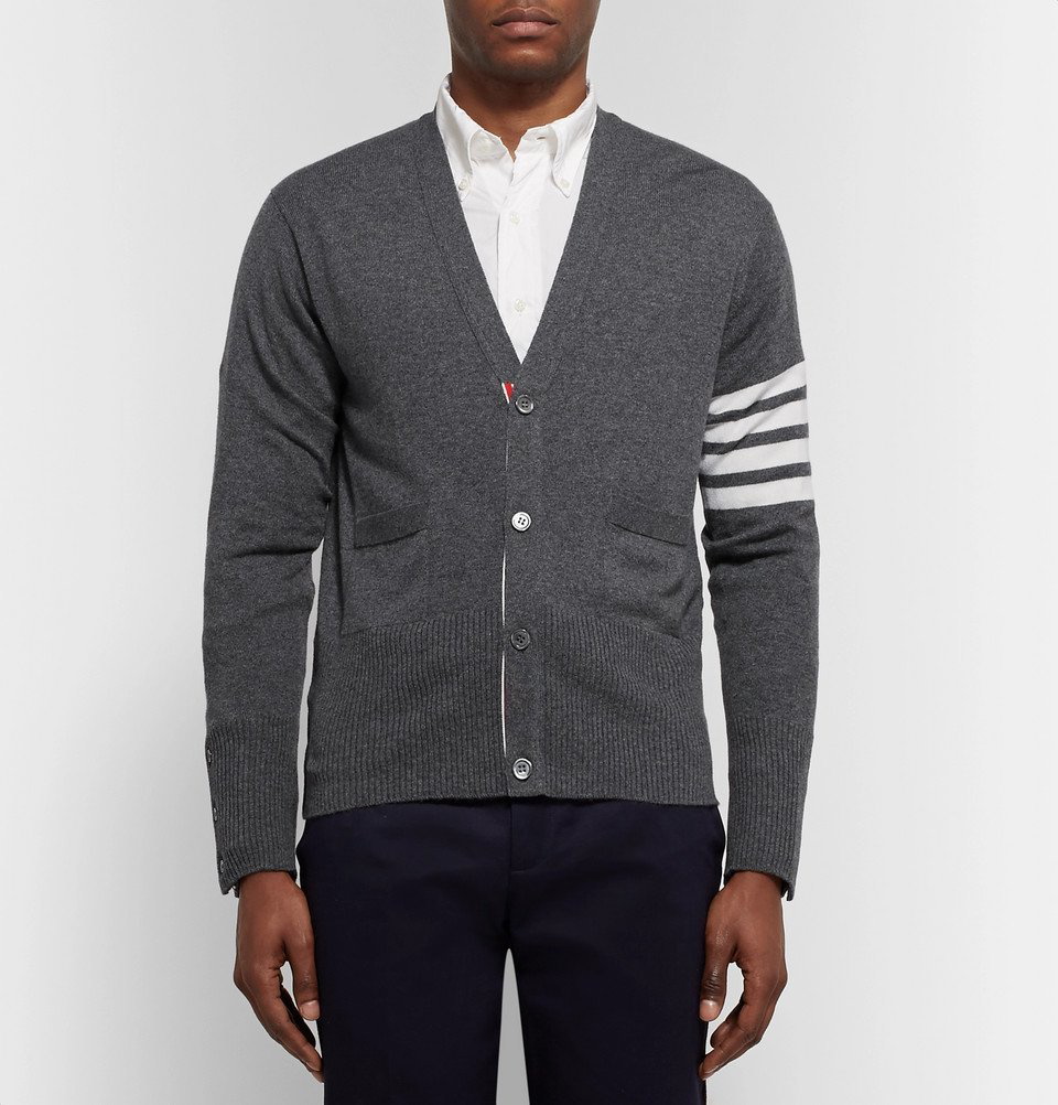 Thom Browne Short V-Neck Cardigan With 4-Bar Stripe In Medium Grey Cashmere