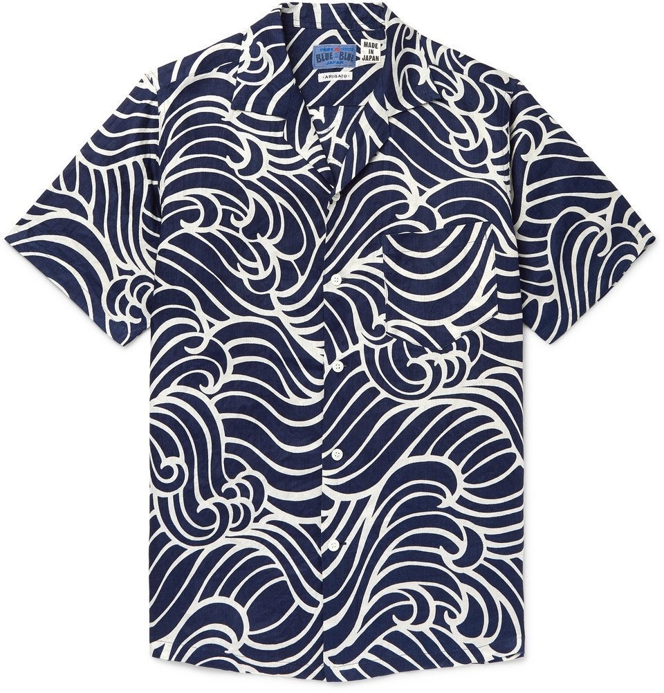 Blue Blue Japan - Camp-Collar Printed Linen Shirt - Indigo Blue Blue Japan