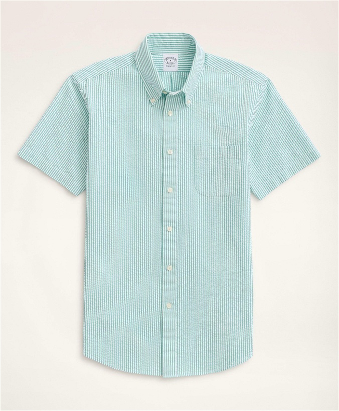 Photo: Brooks Brothers Men's Regent Regular-Fit Sport Shirt, Short-Sleeve Seersucker Stripe | Green