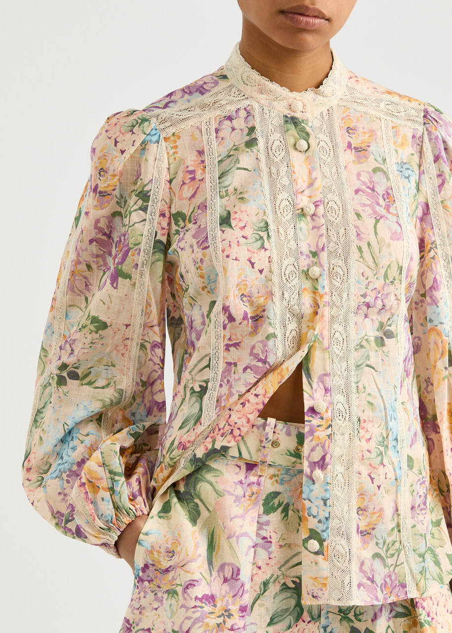 Zimmermann Halliday Tuck Floral-print Linen Shorts Multi