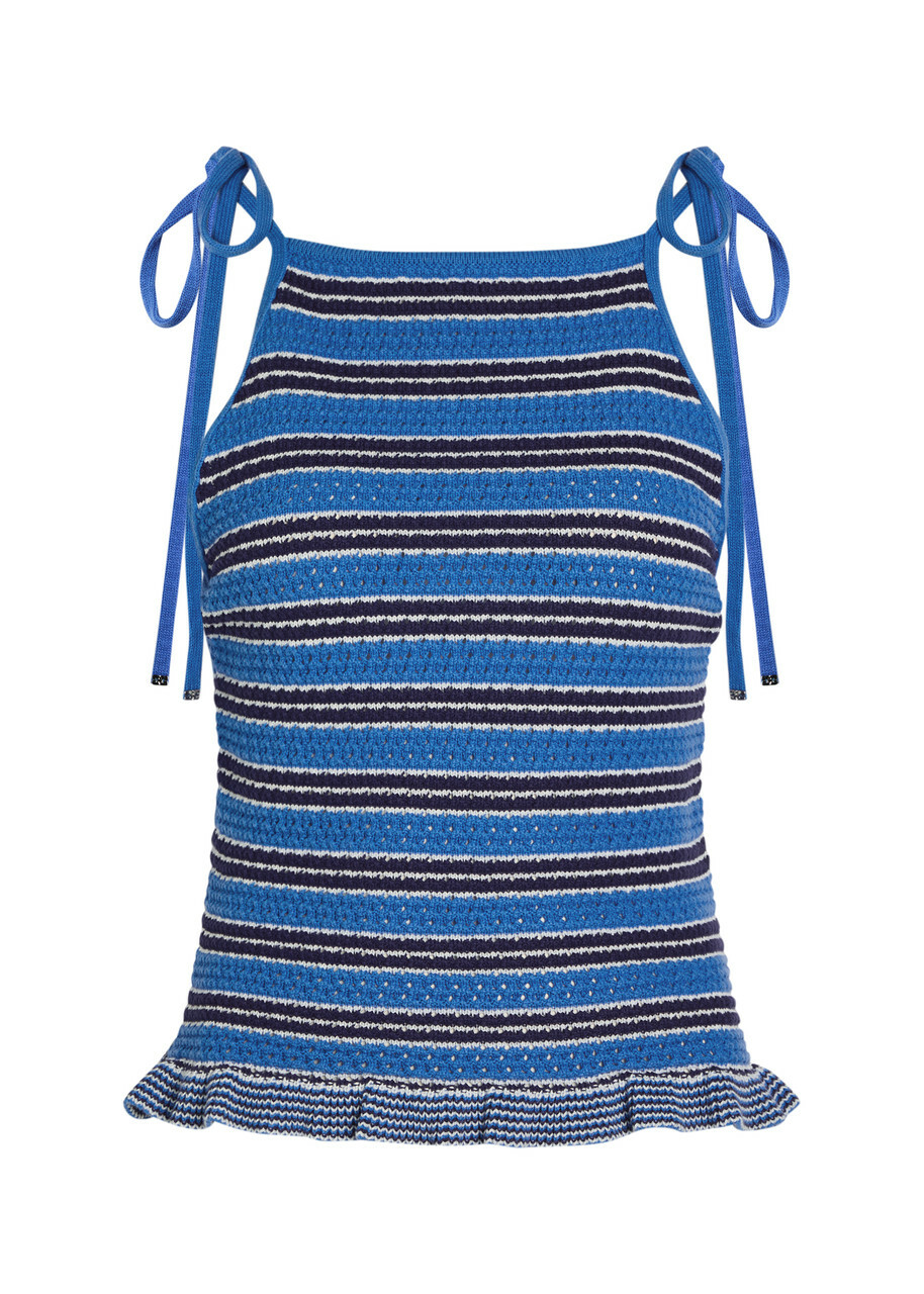 Ganni Striped Cotton-knit top Blue