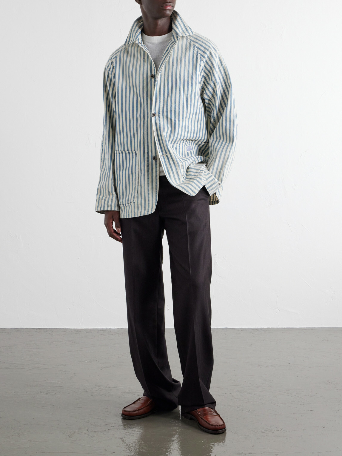 KAPITAL - Logo-Appliquéd Striped Cotton-Twill Overshirt - Blue
