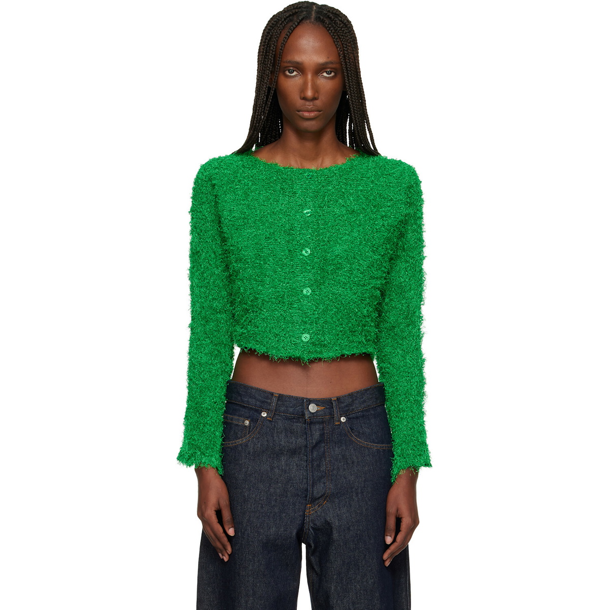 ISSEY MIYAKE Green Shifted Fuzzy Pleats Cardigan
