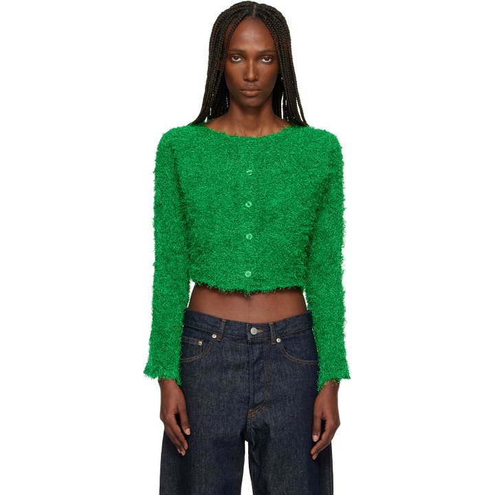 Photo: ISSEY MIYAKE Green Shifted Fuzzy Pleats Cardigan