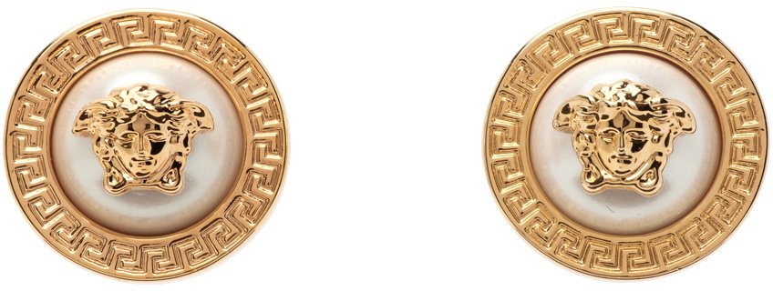 Versace Gold & White Medusa Greca Pearl Earrings