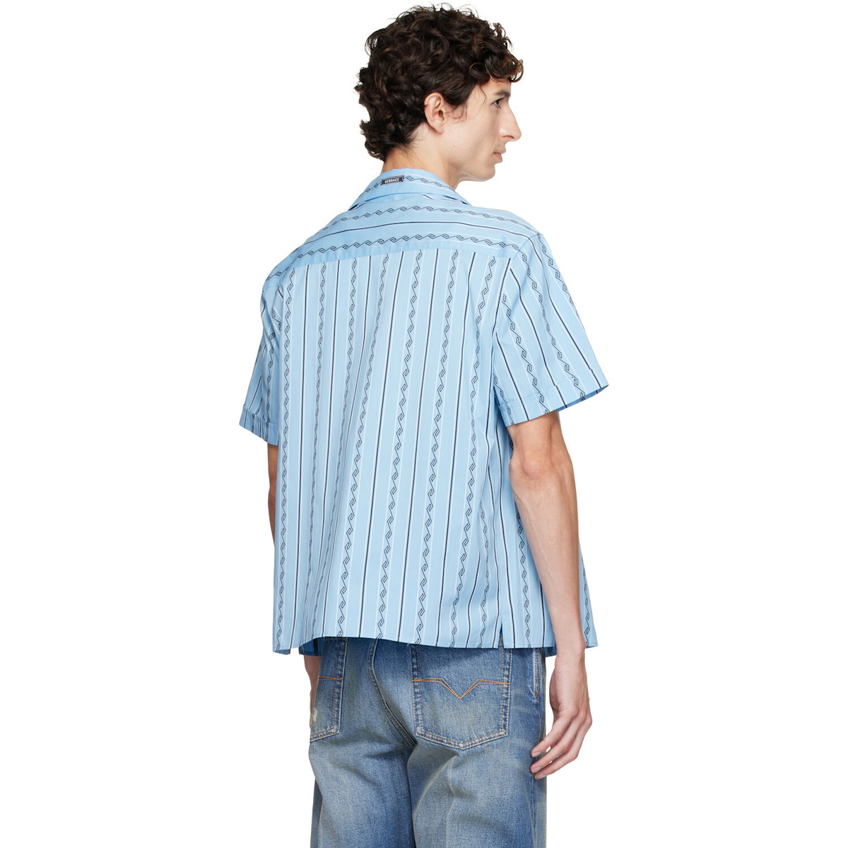 Versace Blue Jacquard Cotton-Silk Regular Shirt