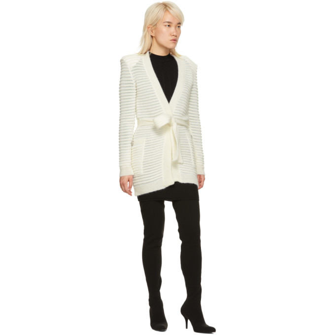 Balmain White Mohair Ribbed Cardigan