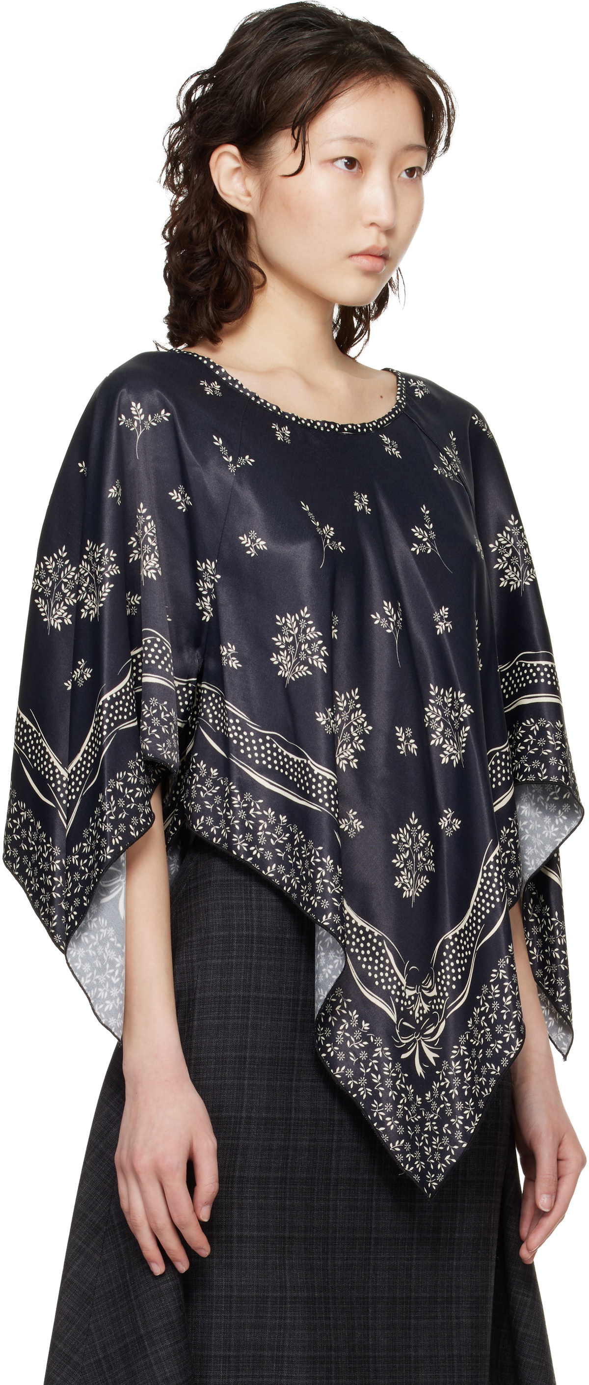 Anna Sui Black Ribbon Handkerchief Satin Print Poncho Blouse