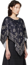 Anna Sui Black Ribbon Handkerchief Satin Print Poncho Blouse
